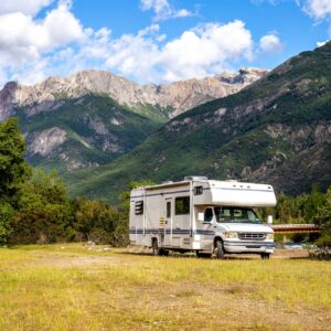 MOTORHOME RV In Chilean landscape in Andes. Family trip traval vacation in mauntains.