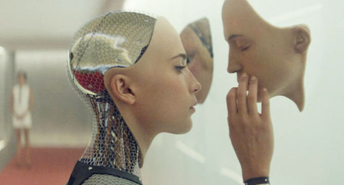 Female A.I. touches floating face