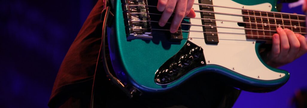 electric bass player wth detail on the hand in a gig live concert