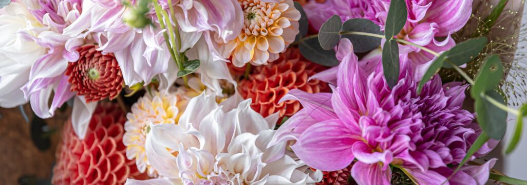Flower arrangement with chrysanthemum flowers close-up, festive bouquet.