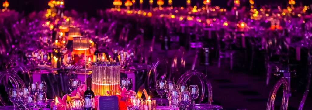 Gala dinner preparation, tables decorated with candles