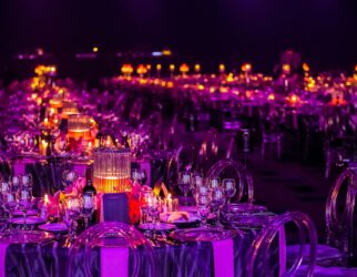 Gala dinner preparation, tables decorated with candles