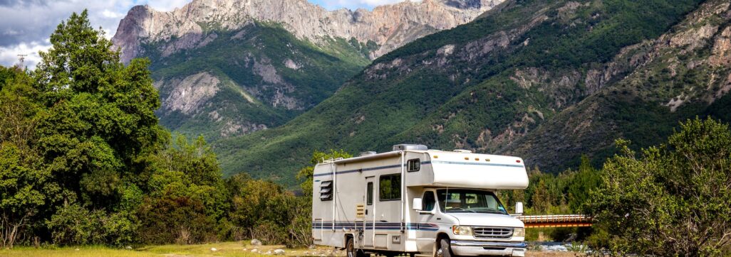 MOTORHOME RV In Chilean landscape in Andes. Family trip traval vacation in mauntains.