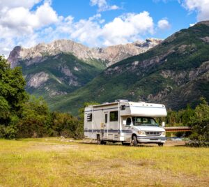 MOTORHOME RV In Chilean landscape in Andes. Family trip traval vacation in mauntains.