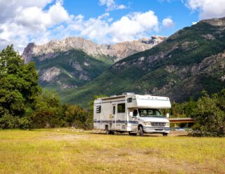 MOTORHOME RV In Chilean landscape in Andes. Family trip traval vacation in mauntains.